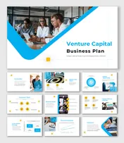 Venture Capital Business Plan slides in blue and yellow show strategies, financial projections, and market opportunities.