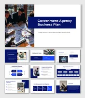 Blue-accented Government Agency Business Plan slides cover mission, resource allocation, and stakeholder roles for strategy.