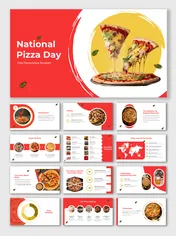 National Pizza Day template with vibrant red-yellow tones, showcasing pizzas, world map, and pizza statistics visually.