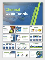 2025 Chennai Open Tennis presentation with blue-green design, WTA event info, players, venue, sponsors, and match details.