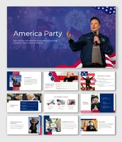 America Party slides show Elon Musk, US flags, red-blue theme, text boxes, charts, and political agenda presentation layout.