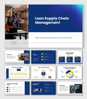 Lean Supply Chain Management slide with blue theme, warehouse team, inventory shelves, process diagrams.