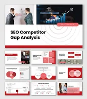 SEO Competitor Gap Analysis template featuring search icons, ranking graphs and bold red shapes.
