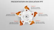Education themed PPT slide with five icons representing graduation, classroom, globe, books, and student with captions.