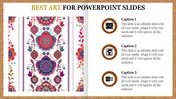 PowerPoint slide featuring vibrant, mandala inspired art on the left with three captions on the right.