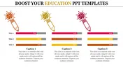 Education PowerPoint template with pencil brain icons and progress bars for three topics, with captions below.