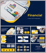 Financial pitch slide deck with charts, pie graphs, SWOT analysis, pricing plans, and mission and vision statements.