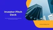 Investor pitch deck slides with blue and orange design elements and business images placed in a white background.