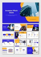 Investor pitch deck slides with blue and orange design elements and business images placed in a white background.