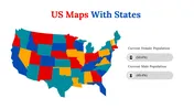 Colorful slide deck map of the United States with each state in different shades, showcasing population data.