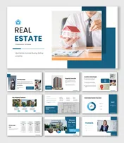 Real Estate Presentation PPT showing property images, blue theme, icons, charts, and clean text holders.
