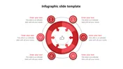 Red themed infographic with six icons around a central circle, each representing different topics with placeholders for text.