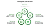 A green-themed infographic with six circular icons at the center representing business metrics, each connected to caption areas.
