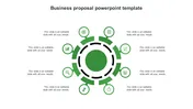 A business proposal slide featuring a central green circle surrounded by icons representing various business aspects.