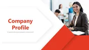 Company profile slide deck with red and white theme, featuring business images, charts, and team introductions.