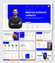 employee profile slide with photo, icons, blue shapes, and structured text holders.