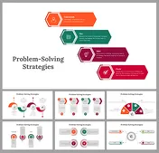 Problem Solving Strategies PPT And Google Slides Templates Slide pack on problem-solving strategies with colorful hexagonal designs and detailed flowcharts for stepwise guidance.