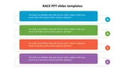 Four-step race template with color-coded blocks for each stage and corresponding labeled letter icons on the right.