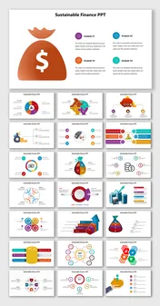 Alt: Sustainable Finance infographic slide showing dollar money bag icon, checkmark markers, and analysis points on a multicolor layout.