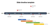 Timeline slide showing events from January to May, with red flags marking milestones and colored bars for project durations.