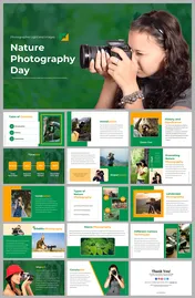 Nature Photography day features slides on its types, history, techniques, and the importance of nature on a green theme.