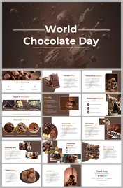 Slide deck featuring images of chocolate bars and desserts, highlighting history, benefits, and types.