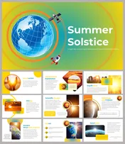 Illustration of Earth with a satellite and a rocket circling it, showing summer solstice slide deck of its significance.