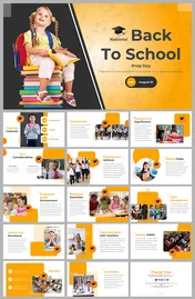 National Back to School Prep day slides featuring a child with books and themed school illustrations.