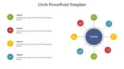 A circle themed PowerPoint template featuring colorful icons for various concepts surrounding the central focus.