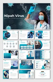 Teal themed slide deck with images of healthcare professionals, illustrations, and sections on Nipah virus symptoms.