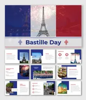 Bastille Day including timeline of events, cultural importance, parades, and food traditions with patriotic imagery.
