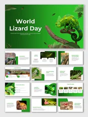 World lizard day slide deck with images of various lizards and sections on habitats, behavior, and conservation.