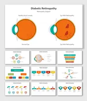 Diabetic Retinopathy slide deck featuring comparison of healthy and affected eyes, symptoms, and stages of disease.