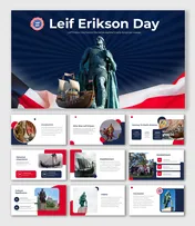 Image of Leif Erikson Day slides, featuring his statue and a Viking ship, highlighting historical and cultural significance.