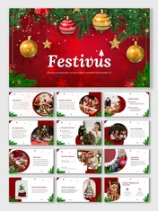 Festivus template with red and gold Christmas decor, covers traditions, Airing of Grievances, Feats of Strength, and more.