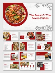 Feast Of The Seven Fishes template with seafood dishes, red accents, and slides on traditions, symbolism, and history.