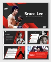 Bruce Lee themed PowerPoint with red and black design, martial arts imagery, and placeholders for customizable text.