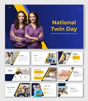 National twin day slides with bold blue-yellow themes, twin imagery, and structured placeholders for celebration content.