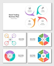 Stock Trading Business Plan slides with vibrant visuals, structured layouts, and clear placeholders for market analysis.