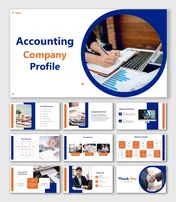 Accounting profile slides with blue-orange themes, sleek layouts, tax-focused content, and editable placeholders.
