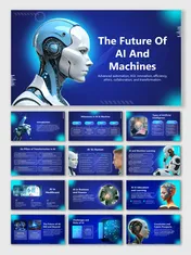 The Future of AI and Machines template with futuristic design, AI insights, industry applications, infographics, and text