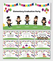 Elementary Graduation Party template with kids celebrating, festive decorations, activities, games, and event highlights.