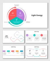 Light Energy slides with circular diagrams, icons, and colorful boxes for electrical, thermal, chemical types.