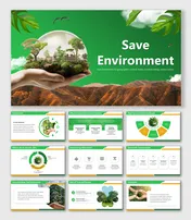 Green-themed slide deck on saving environment with visuals of trees, recycling, energy, buildings, and 3Rs tips.