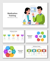 Medication Training slides with icons, illustrations, flowcharts, and colorful layouts for safety and learning topics.