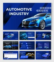 Modern car design, tech features, model stats, service options, and financials in a blue-themed Automotive Industry deck.