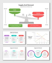 Supply and demand scale, flowcharts, price curves, exchange cycle, and market equilibrium visuals combined.