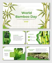 World Bamboo Day slides with bamboo images, green-white theme, rounded shapes, text blocks, and photo holders.