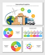International Logistics visual with a truck, globe, map, and airplane showing global goods movement; uses icons and arrows.