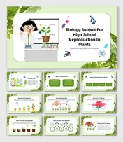 A biology presentation template on plant reproduction, featuring a scientist and illustrations of plant life cycles.